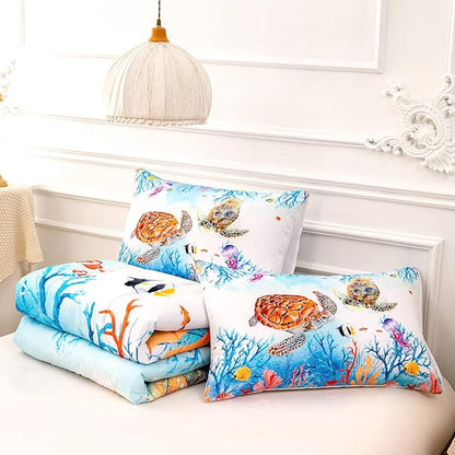 CVHOUSE Sea Turtle Comforter Set,Ocean Watercolor Sea Turtle Bedding Set for Kids Teens,Ocean Sea Turtle Comforter Sea Turtle Duvet Set Room Decor Quilt Set Queen Size
