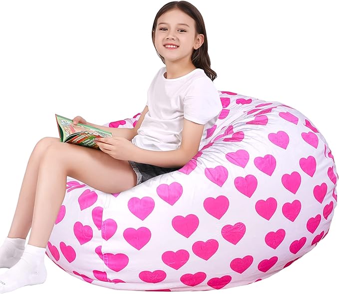 Lukeight Stuffed Animal Storage Bean Bag Chair Cover for Kids, Zipper Beanbag Chair Cover for Organizing Toddler & Kids' Rooms Plush Toys (Heart Velvet, XX-Large)