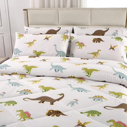 MAG 3Pcs Dinosaur Bedding Comforter Set, Dino White Base Twin Comforter Set,for Toddlers Kids,Boys Teens and Girls,Super Soft Microfiber, Twin Size (1 Comforter + 2 Pillowcases)