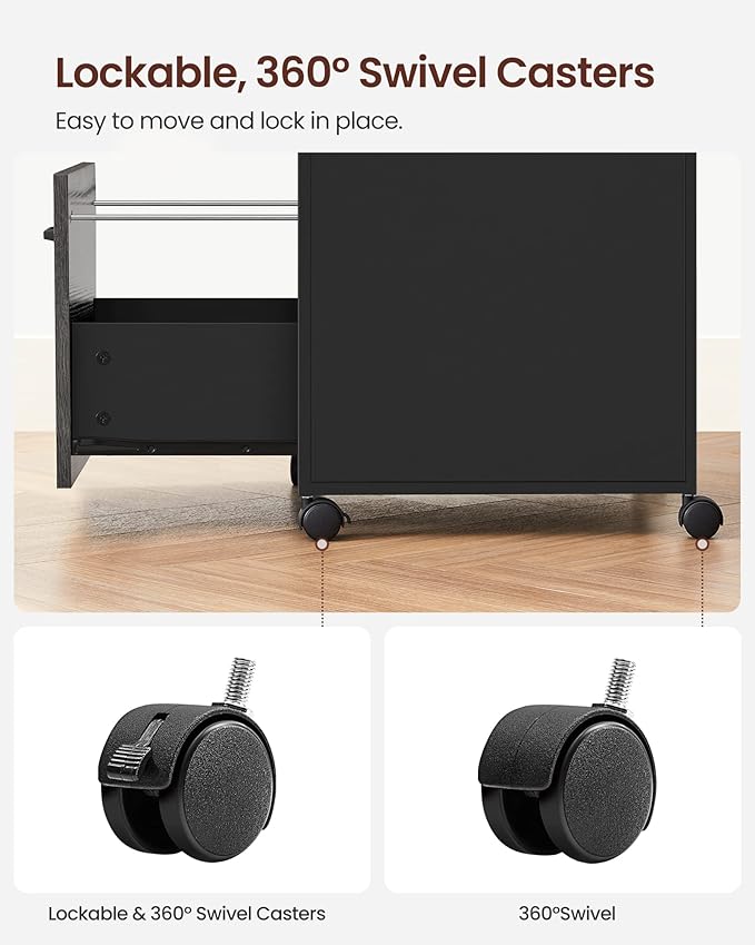 VASAGLE File Cabinet, Mobile Filing Cabinet with Wheels, 2 Drawers, Open Shelf, for A4, Letter Size, Hanging File Folders, Charcoal Gray and Black UOFC071B04