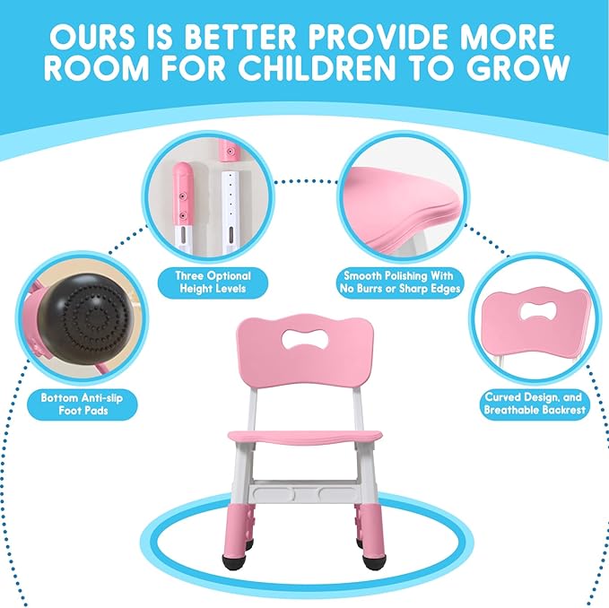Kids Chair Height Adjustable Toddler Chair Max Load 220LBS Plastic Indoor Outdoor Chair for Children Age 1-6 School Home Daycare Use Pink