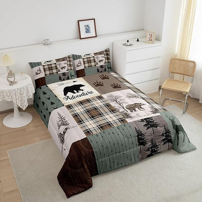 Rustic Farmhouse Kids Comforter Set Full Size,Deer Antlers Bear Paws Plaids Patchwork Bedding Set for Boys Girls Adults Room Decor,Pine Trees Arrows Down Comforter,Xmas Duvet Insert,2 Pillowcases