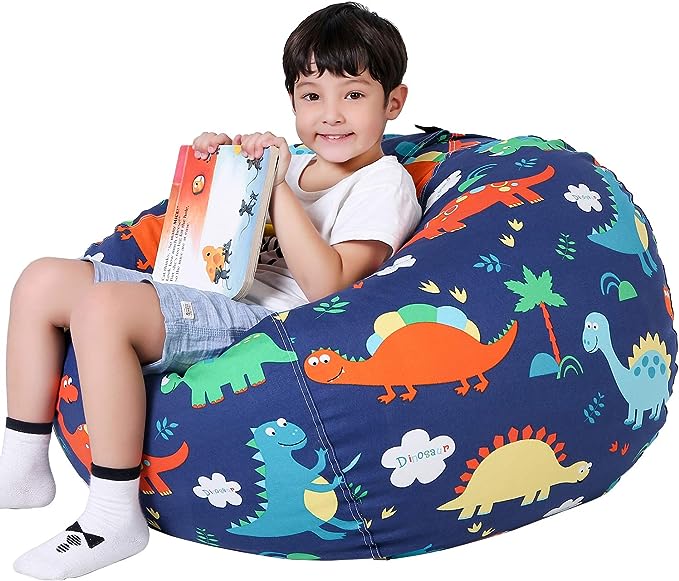 Lukeight Stuffed Animal Storage Bean Bag Chair Cover for Kids, Dinosaur Zipper Beanbag Chair Cover for Organizing Toddler & Kids' Rooms Plush Toys (Dinosaur, X-Large)