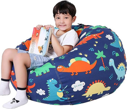 Lukeight Stuffed Animal Storage Bean Bag Chair Cover for Kids, Dinosaur Zipper Beanbag Chair Cover for Organizing Toddler & Kids' Rooms Plush Toys (Dinosaur, X-Large)