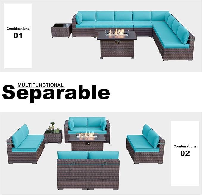Kullavik 10 Pieces Outdoor Patio Furniture Set with 43" Gas Propane Fire Pit Table PE Wicker Rattan Sectional Sofa Patio Conversation Sets,Blue