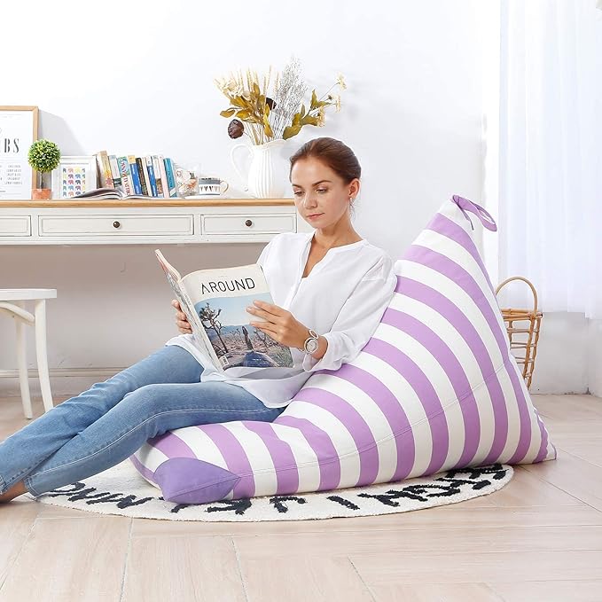 Aubliss Stuffed Animal Storage Bean Bag Chairs Cover, 50"x 35" Extra Large Bean Bags Chair for Kids & Adults, Beanbag Toy Storage for Boys Girls - Premium Cotton Canvas Purple Stripe