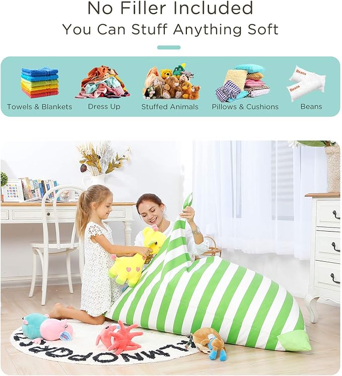 Aubliss Stuffed Animal Storage Bean Bag Chairs Cover, 50"x 35" Extra Large Bean Bags Chair for Kids & Adults, Beanbag Toy Storage for Boys Girls - Premium Cotton Canvas Green Stripe