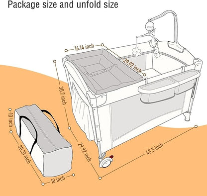 5 in 1 Baby Crib,Baby Bassinet, Bedside Cribs, Pack and Play with Bassinet and Changing Table, Portable Travel Baby Playpen with Bassinet Toys & Music Box,Mattress for Girl Boy Infant Newborn (Grey)