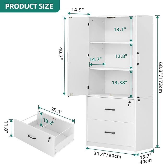 YITAHOME Wood File Cabinets, Heavy Duty Garage Tool Cabinets with Doors & Adjustable Shelves, Big Storage Filing Lockers for Home Office, Living Room, Pantry, Gym, Basement, Warehouse, White