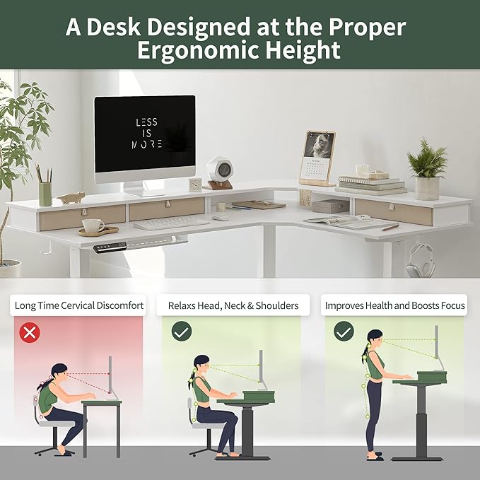 FEZIBO Triple Motor 63" L Shaped Standing Desk with 3 Drawers, Electric Standing Gaming Desk Adjustable Height, Corner Stand up Desk with Splice Board, White Frame/White Top