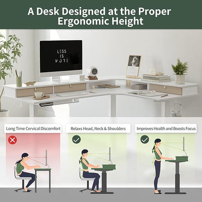 FEZIBO Triple Motor 63" L Shaped Standing Desk with 3 Drawers, Electric Standing Gaming Desk Adjustable Height, Corner Stand up Desk with Splice Board, White Frame/White Top