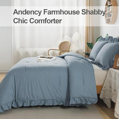 Andency Grayish Blue Queen Comforter Set(90x90Inch), 3 Pcs(1 Ruffle Comforter and 2 Pillowcases) Solid Bedding Comforter Sets for Queen Bed, Lightweight and Fluffy Soft Microfiber Bedding Set