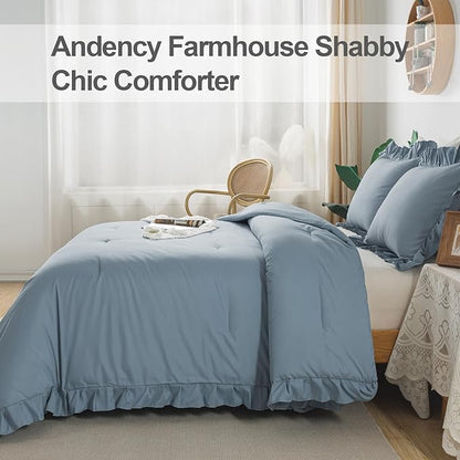 Andency California King Comforter Sets Grayish Blue (104x96Inch), 3 Pieces Cal King Ruffle Comforter, Oversized Farmhouse Shabby Chic Bed Comforter, Lightweight and Soft Microfiber Bedding Set