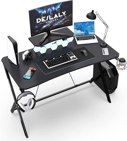 45IN Gaming Desk Gamer Table Carbon Fiber Surface Computer Table Gamer Desk with Monitor Shelf Office Home Study Desk Work PC Table Steel Legs Corner Desk Black