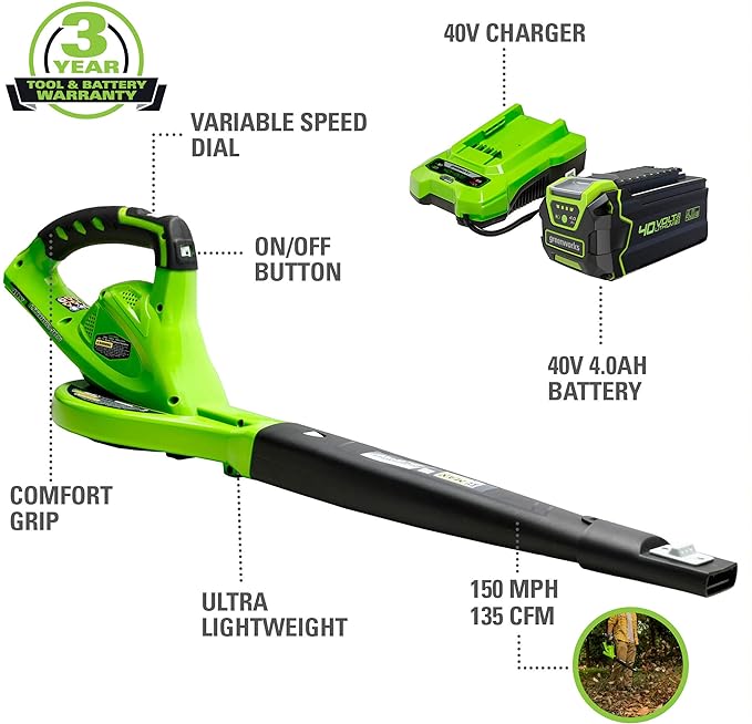 Greenworks 40V (150 MPH / 130 CFM) Cordless Leaf Blower, 4.0Ah Battery and Charger Included