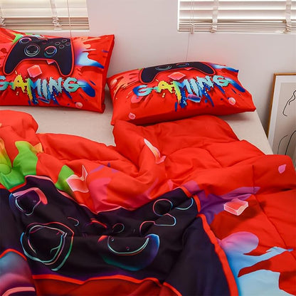 Aimuan Gaming Comforter Sets for Boys Kids Bedding Sets Video Games Console Action Buttons Novelty Colorful Game Gamepad Controller Modern Gamer Room Decor Home Quilt Set (Queen, Red)