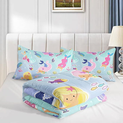 Datura home Mermaid Comforter Set, Kawaii Girls Blue Bedding with 2 Pillowcases, Queen 90x90inches