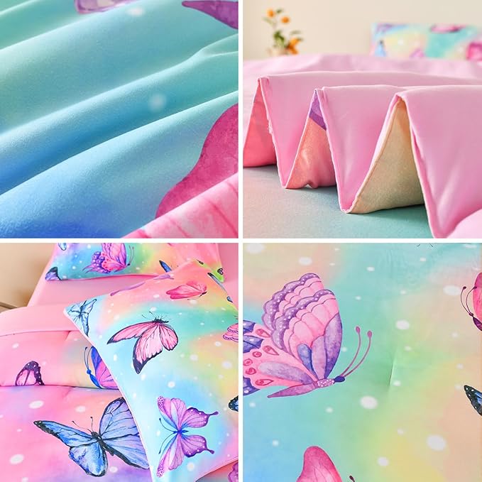 Butterfly Bedding Set Full, Pink Butterfly Comforter Set for Girls Kids Teens 6 pcs Bed in a Bag Full Bedding Sets for Girls