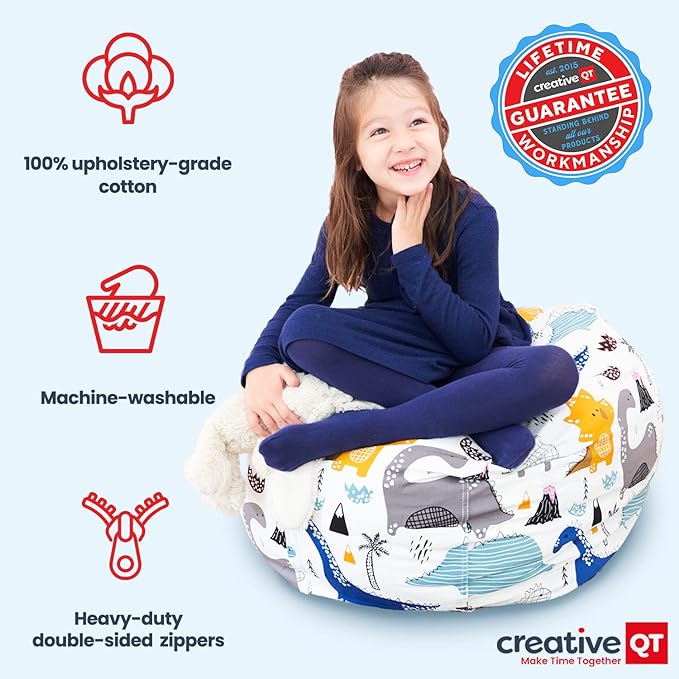 Creative QT Stuff ’n Sit Large 33’’ Bean Bag Storage Cover for Stuffed Animals & Toys – Multicolor Dinosaur Print – Toddler & Kids’ Rooms Organizer – Beanbag Makes Great Plush Toy Hammock Alternative