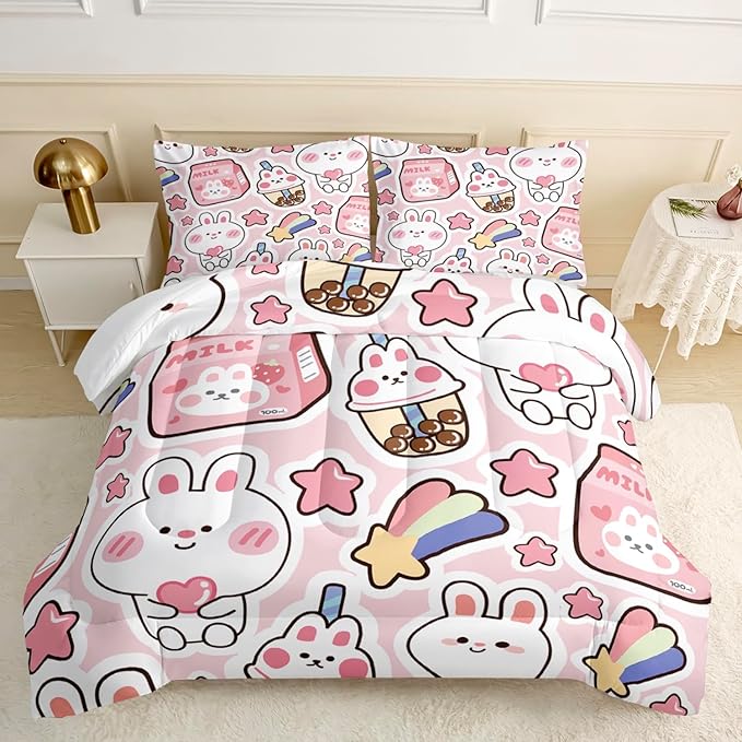 CVHOUSE Kawaii Bedding Full Size,Kawaii Rabbit Bedding Set for Girls Kids,Cute Rabbit Comforter Set Kawaii Rabbit Duvet Set Rabbit Pattren Quilt Set Girls Room Decor 3 Pieces