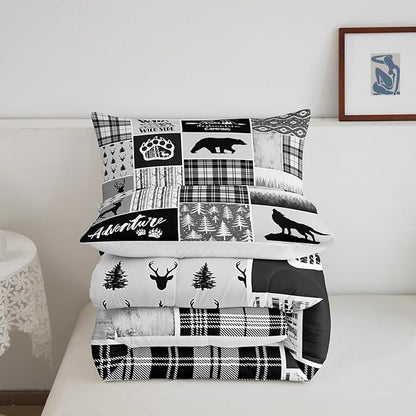 Deer Bear Comforter Set Queen Size,Pine Trees Christmas Bedding Set for Kids Boys Girls Adults Room Decor,Camping Adventure Rustic Farmhouse Down Comforter,Black Retro Duvet Insert,2 Pillowcases