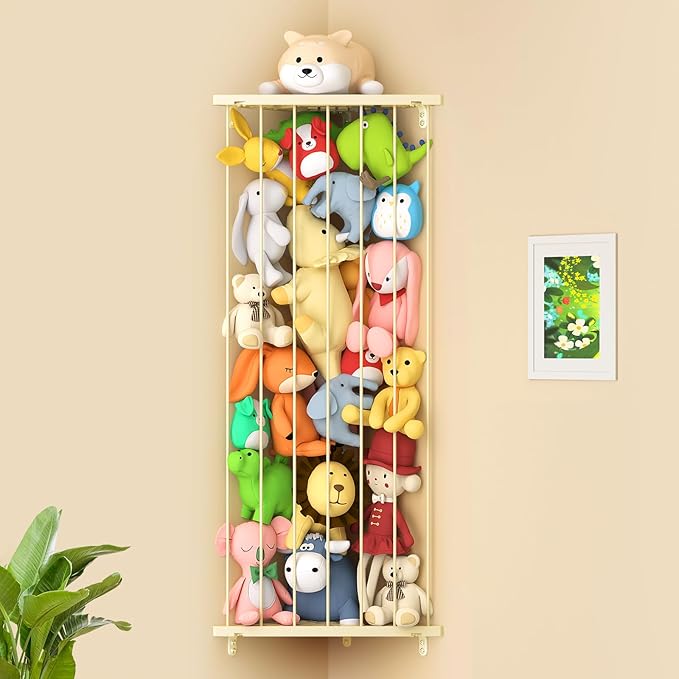 Stuffed Animal Storage Toy Organizer: Corner Stuff Animals Holder for Wall with Adjustable Length - Kids Plush Toys Storage for Nursery Playroom Bedroom Kids Room(Beige)