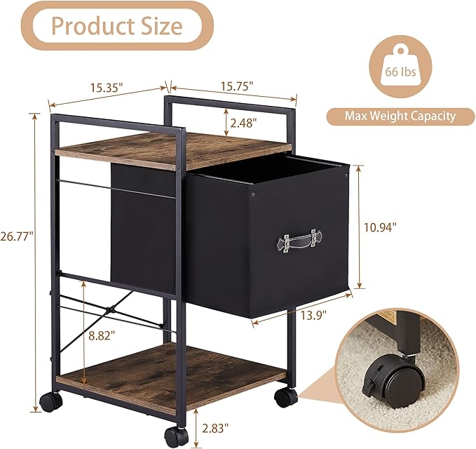 VECELO Vertical Filing Cabinet Set of 2, Rolling Printer Shelf with Handle, Suitable for Letter Size, Sturdy Steel Frame and Folding Fabric Drawer for Living Room/Bedroom/Hallway, Brown+Black