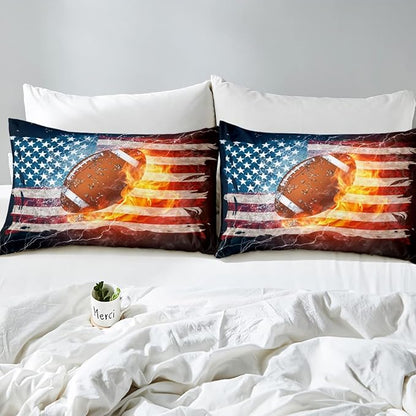 Boys American Football Comforter Set, United States Flag Down Comforter Full Size, Soccer Sports Games Bedding Set for Kids Teens Adult Men, Geometric Stripes Retro Duvet Sets, Blue White and Red
