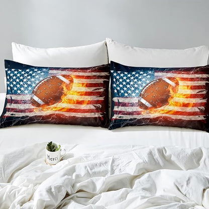 Boys American Football Comforter Set, United States Flag Down Comforter King Size, Soccer Sports Games Bedding Set for Kids Teens Adult Men, Geometric Stripes Retro Duvet Sets, Blue White and Red