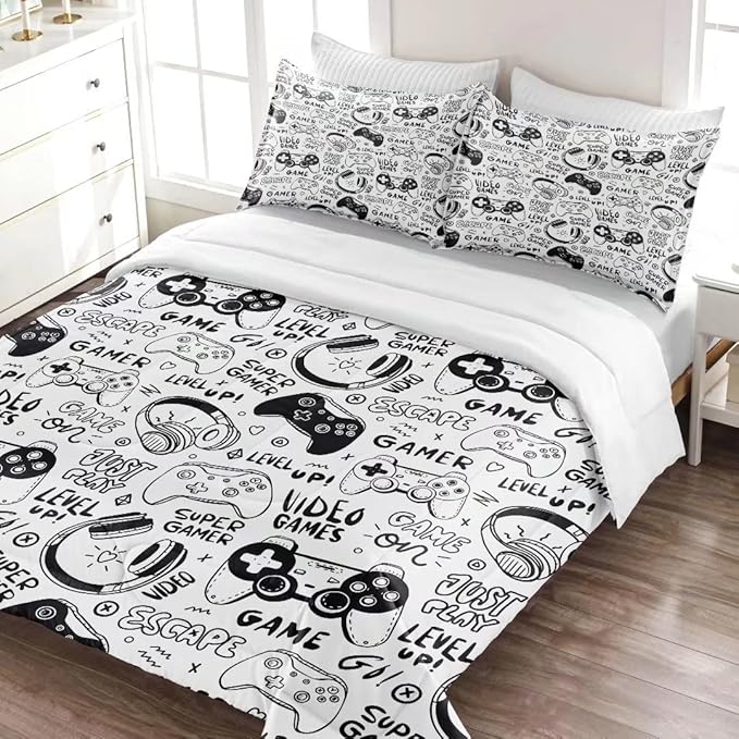 Gaming Comforter for Boys Teens,Game Bedding Sets Queen,Kids Gamer Comforter Set,Video Game Bedroom Decor,Gamepad Controller Duvet Insert All Season 3 Piece 1 Comforter and 2 Pillowcases