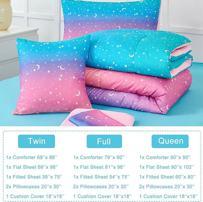 URBONUR 6 Pieces Full Size Comforter Set for Girls Moon Star Printed Bedding Set Gradient Pink Purple Blue, Soft Microfiber All Season Kids Bed Sets (Full Size, 6PCS)