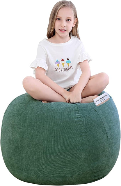 Stuffed Animal Storage Bean Bag Chair Cover (No Filler) for Kids and Adults.Soft Premium Corduroy Stuffable Beanbag for Organizing Children Plush Toys or Memory Foam Small 100L (Green)
