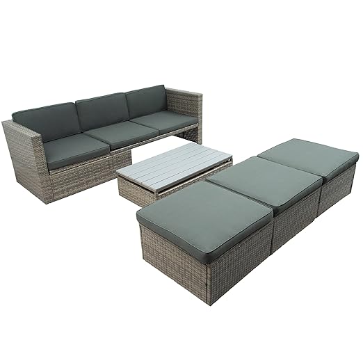 5 Pieces Outdoor Patio Sectional Sofa Couch, PE Wicker Furniture Conversation Sets with Adustable Backrest & Washable Cushions & Ottomans & Glass Coffee Table for Garden, Poolside, Backyard