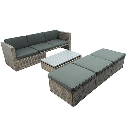 5 Pieces Outdoor Patio Sectional Sofa Couch, PE Wicker Furniture Conversation Sets with Adustable Backrest & Washable Cushions & Ottomans & Glass Coffee Table for Garden, Poolside, Backyard