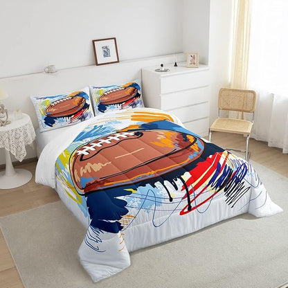Boys Football Comforter Set Queen Kids Teen Sports Bedding Set Bedroom Decor,Watercolor Tie Dye Hand Drawn Graffiti Football Bedding Comforter Sets Rugby Quilt Duvet 2 Pillow Cases Colorful Brown