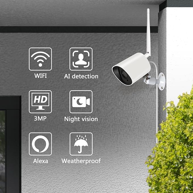 Rraycom 4Pack 2K Security Cameras Outdoor, 3MP WiFi IP Camera with Night Vision, Motion Detection, IP66 Waterproof, Cloud Storage, 24/7 Live View Video, Compatible with Alexa
