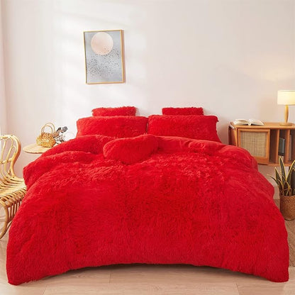FOPPA Red fluffy Comforter Cover Set king- Ultra Soft fluffy Red Bedding Sets 3 Pieces (1 Duvet Cover + 2 Pillow case) pink fluffy bed set (Red, King)