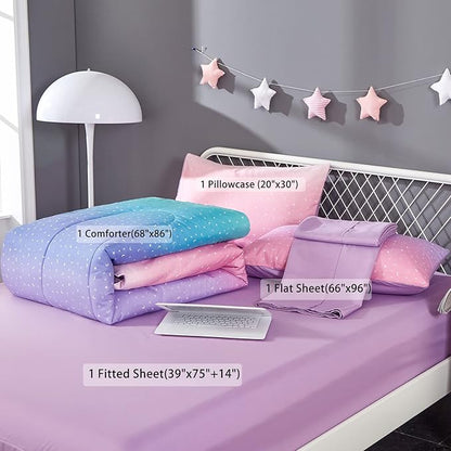 Pink Glitter Comforter Set for Teen Girls Women,Twin Size 4 Piece Bed in A Bag,Metallic Star Moon Printed Rainbow Comforter and Sheets,Ultra Soft Microfiber All Season Bedding Set(Twin,Green)