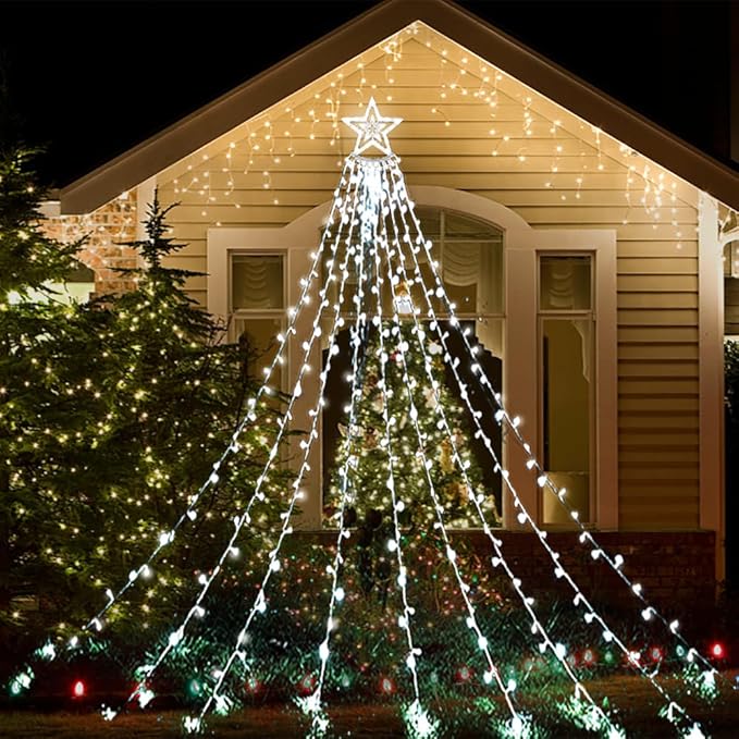 Aokudoni Christmas Decorations Outside, 12.6FT 350 LED 8 Modes Star Christmas Lights Outdoor, Christmas Lights for House Yard Porch Holiday Decoration, Cool White