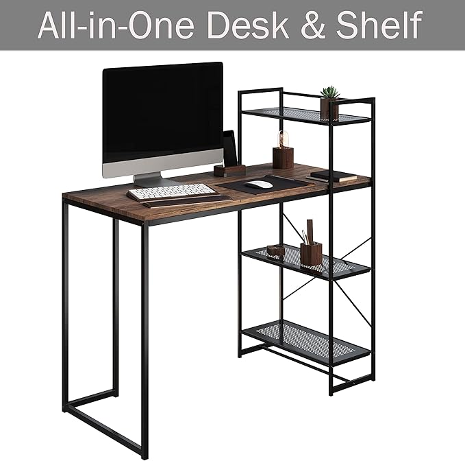 Lavish Home 80 BLT-SHF All-in-One Computer Desk with Shelves for Home Office, Bedroom, or Craft Table, Rustic Brown & Black