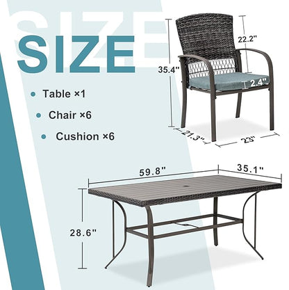 Patio Dining Set for 6, 7 PCS Patio Table & Chair Set, Metal Slatted Table with 2" Umbrella Hole, All-Weather Wicker Patio Dining Furniture with Removable Cushions for Deck, Lawn, Garden(Green)