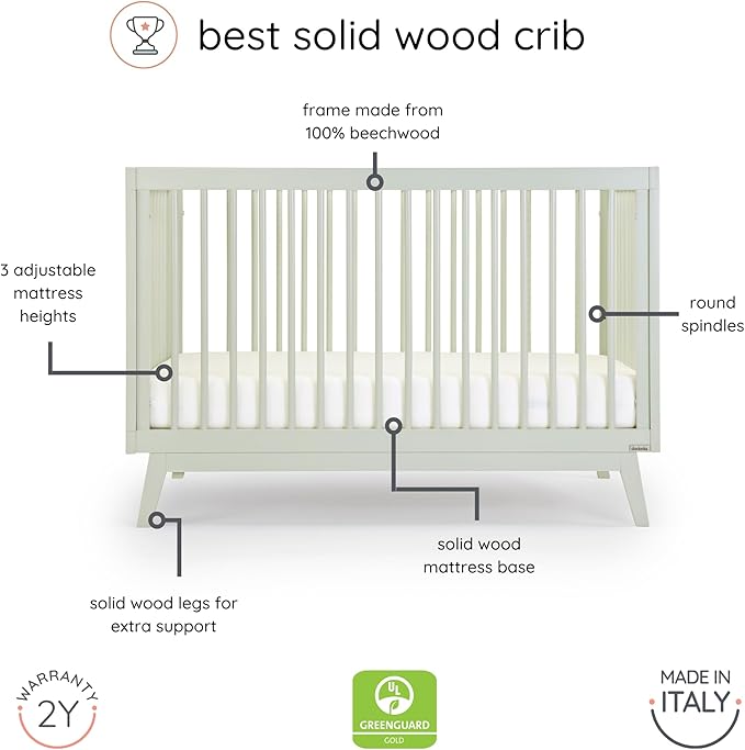 dadada Baby Soho 3-in-1 Convertible Crib to Toddler Bed – Wooden Crib Made in Italy, GREENGUARD Gold Certified Small Baby Crib – Baby-Safe Finish, Modern Design (Sage)