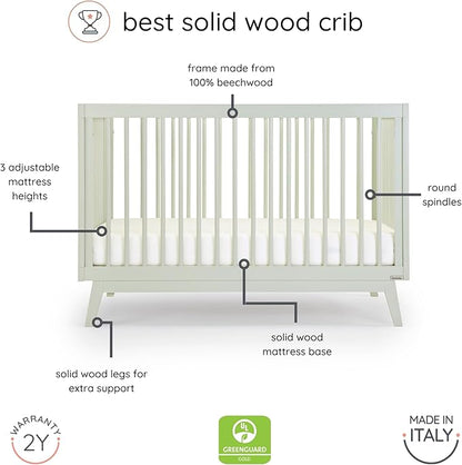 dadada Baby Soho 3-in-1 Convertible Crib to Toddler Bed – Wooden Crib Made in Italy, GREENGUARD Gold Certified Small Baby Crib – Baby-Safe Finish, Modern Design (Sage)
