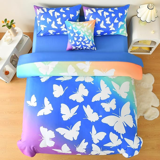 Butterfly Bedding Set Full, Blue Butterfly Comforter Set for Girls Kids Teens 6 pcs Bed in a Bag Full Bedding Sets for Girls
