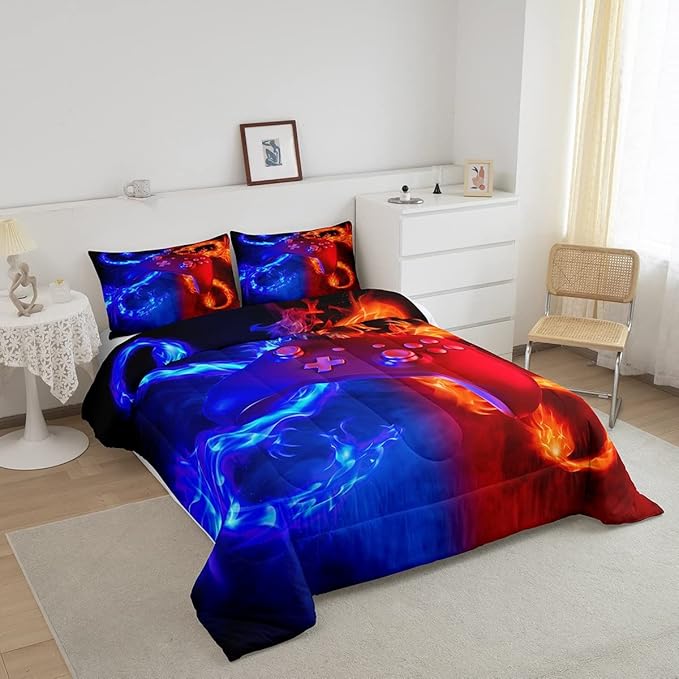 Ice Fire Dragon Comforter Set for Boys Teens Kids Gamer Games Room Decor Bedding Set Blue Red Gaming Gamepad Down Comforter ,Fairy Tale Animals Theme Room Decor 3Pcs Duvet Insert Queen Size,Soft
