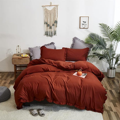 Rust Ruffled Comforter Set King Size Bedding Set Women Caramel Ruffles Blanket Men Burnt Orange Ruffled Comforter Farmhouse Ruffle Fringe Design Girls 3 PCs Cinnamon Color Ruffled Bedding Set