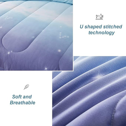 Girls Comforter Set Twin Size 6 Pieces Bed in A Bag Colorful Ombre Blue Purple Rainbow Bedding Set for Kids Teen (1 Comforter, 1 Flat Sheet, 1 Fitted Sheet, 1 Pillow sham, 2 Pillowcases)