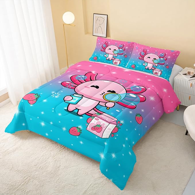 Kawaii Axolotl Comforter,Pink Salamander Comforter Set for Kids Teens Girls,3Pcs Bedding Set Printed Comforter with 2 Pillowcases,Down Alternative,Soft and Lightweight(Pink，Twin Size)