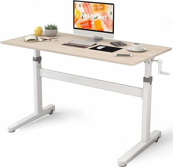 Manual Standing Desk Adjustable Height- Crank Mobile Standing Desk 48 x 24 Inches Sit Stand Desk Frame & Top, Stand Up Desk on Wheels, Computer Desk White Frame & Maple