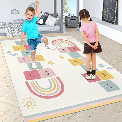 Topotdor Rainbow Sky Hopscotch Game Rugs,Kids Play Area Rugs Soft Floor Carpet for Bedroom Playroom Nursery,Great Gift for Girls & Boys,47" x 71"